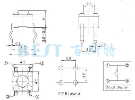 轻触开关TS-1102B参考图纸