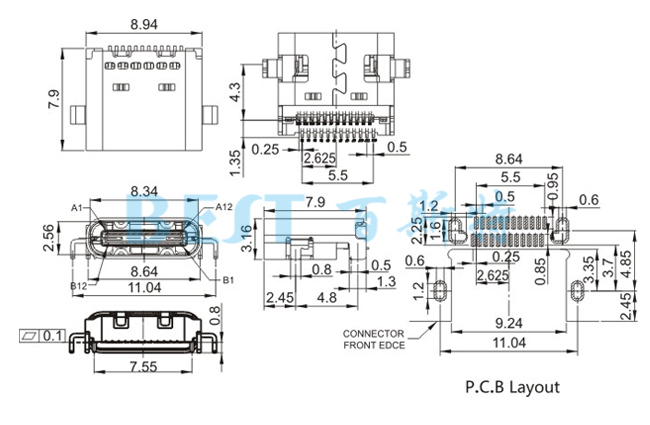 USB插座USB-C-09 24PIN沉板参考图纸